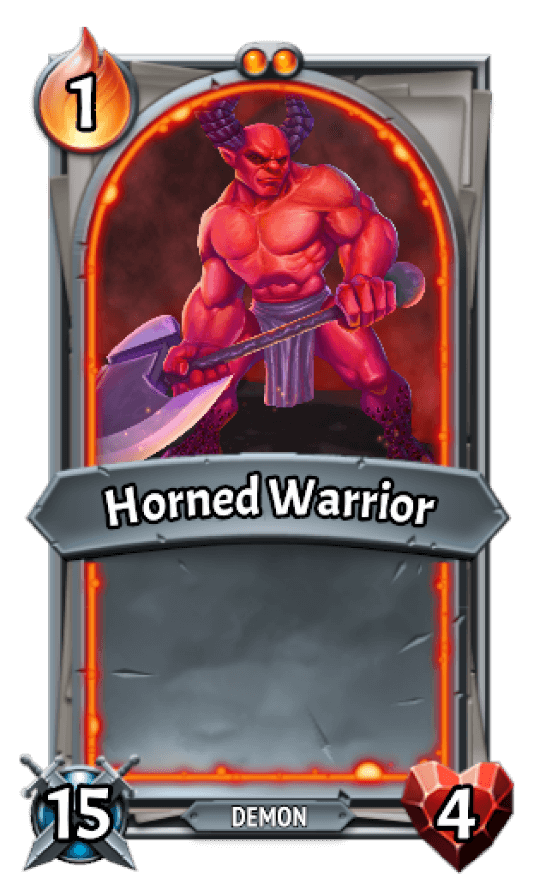 HellHorned clan card with a big red devil holding an axe
