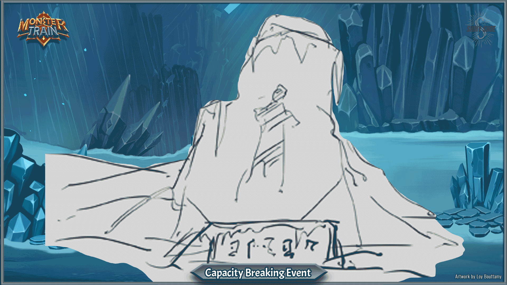 Drawing process of character, a book, a hammer and a compass stuck in ice